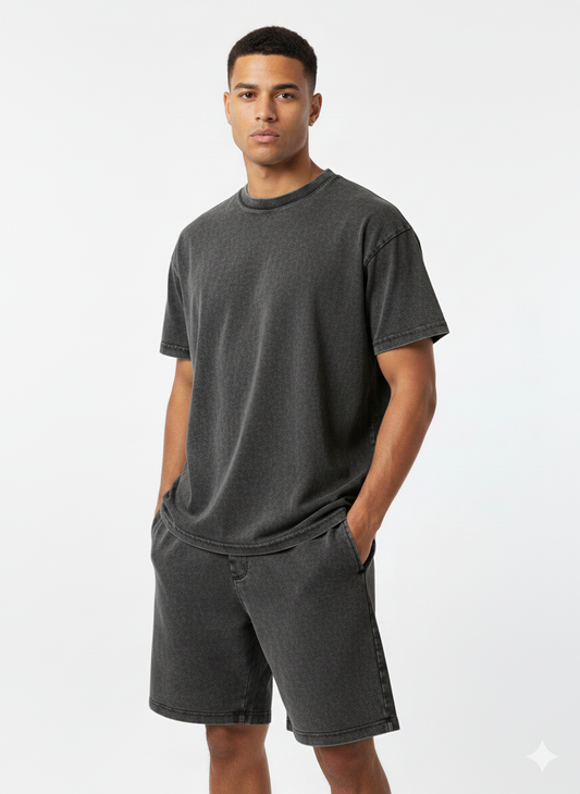 Acid Washed Cotton T-Shirt & Shorts Set