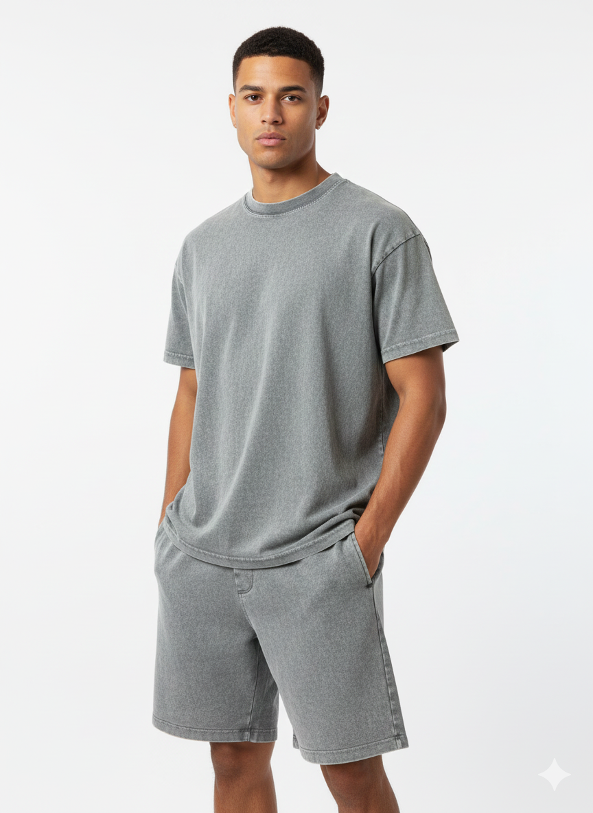 Acid Washed Cotton T-Shirt & Shorts Set