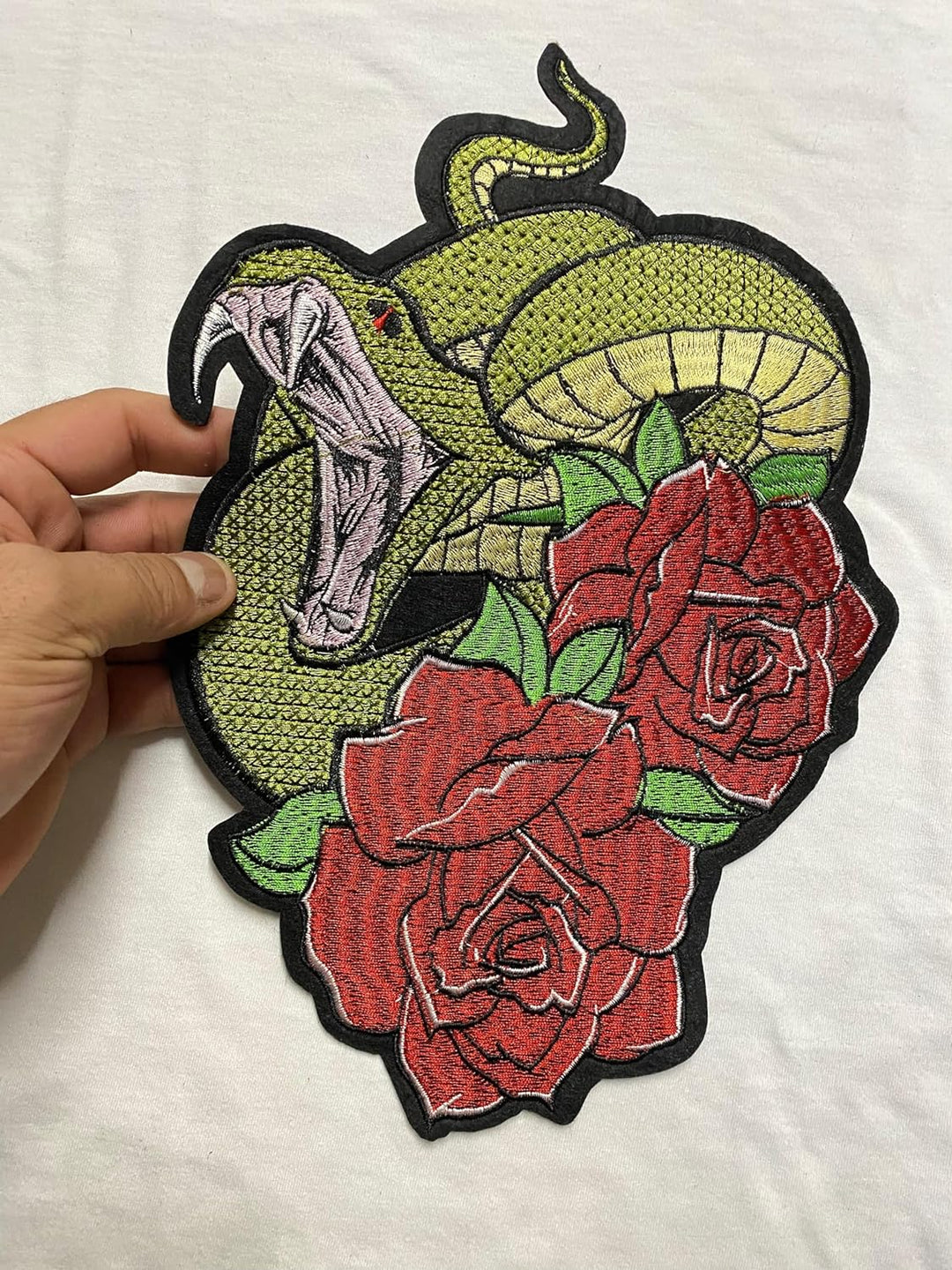 Large Patch Green Snake with Roses Iron on Patch Animal Sew On Patch Embroidered