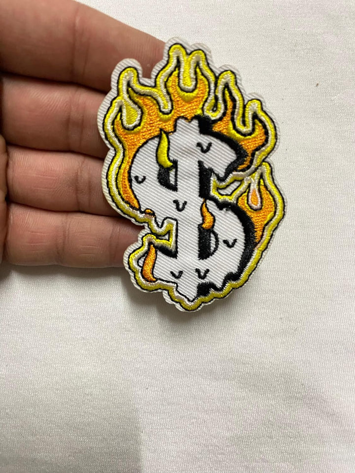 Dollar in Fire Iron on Embroidered Patch