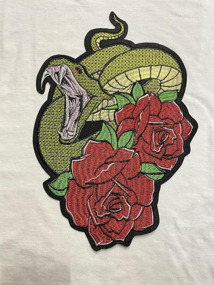 Large Patch Green Snake with Roses Iron on Patch Animal Sew On Patch Embroidered