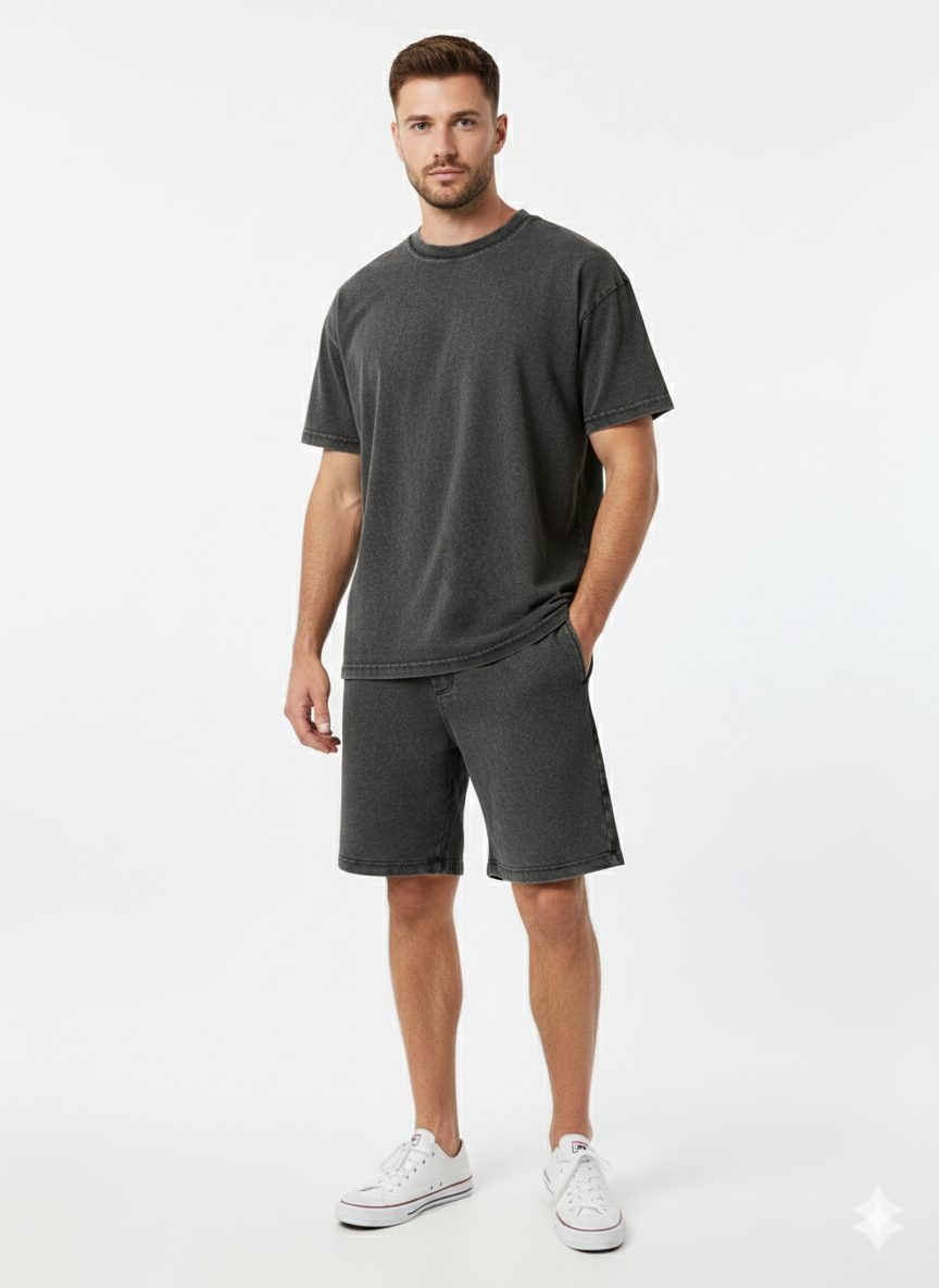 Acid Washed Cotton T-Shirt & Shorts Set