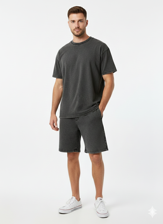 Acid Washed Cotton T-Shirt & Shorts Set