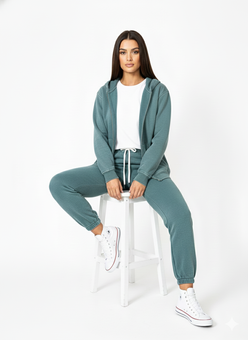 Premium Zipper Hoodie & Pants Set – Acid Wash, Crunchy  Bottoms