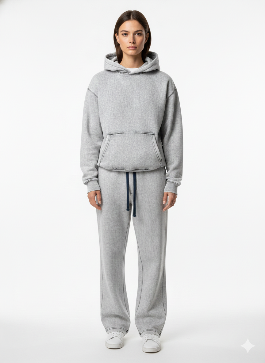 Acid Wash Pullover Hoodie Set – Straight-Leg Pants