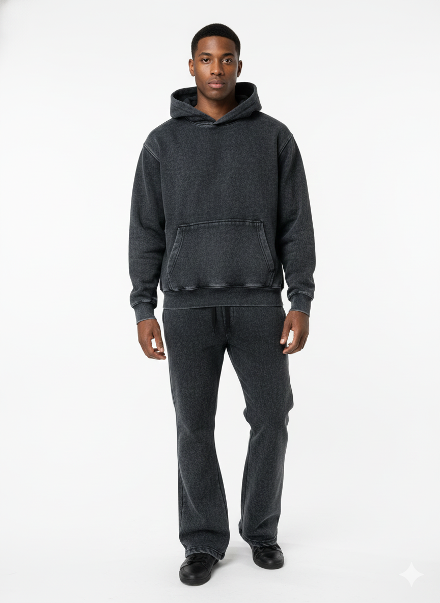 Acid Wash Pullover Hoodie Set – Straight-Leg Pants