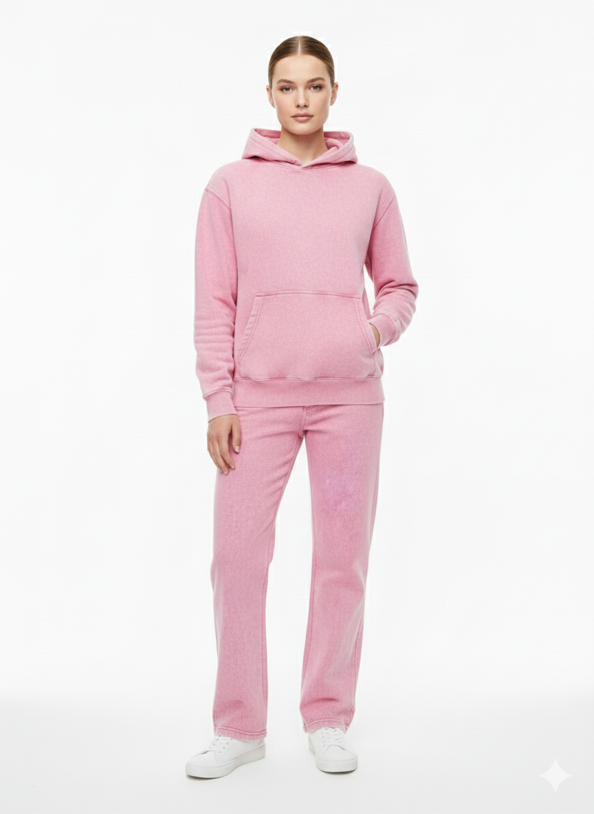 Acid Wash Pullover Hoodie Set – Straight-Leg Pants