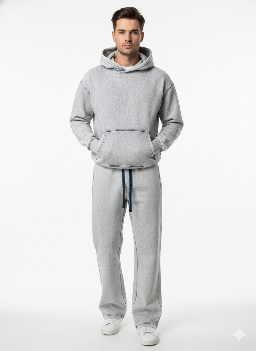 Acid Wash Pullover Hoodie Set – Straight-Leg Pants
