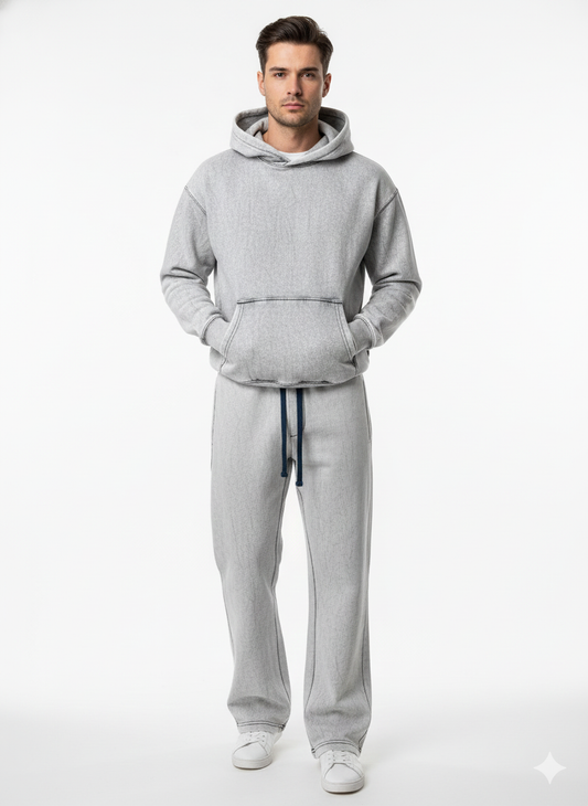 Acid Wash Pullover Hoodie Set – Straight-Leg Pants