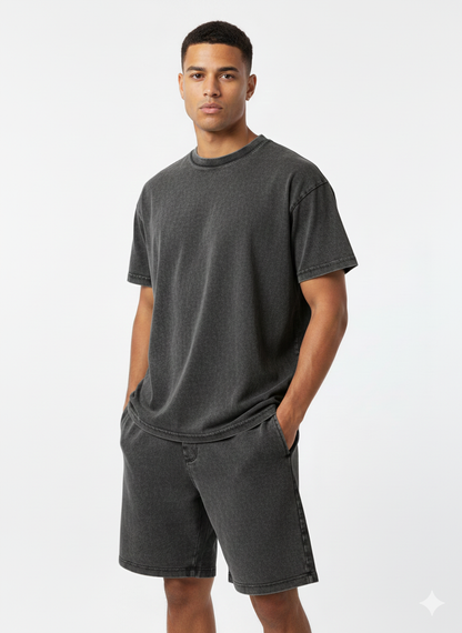 Acid Washed Cotton T-Shirt & Shorts Set