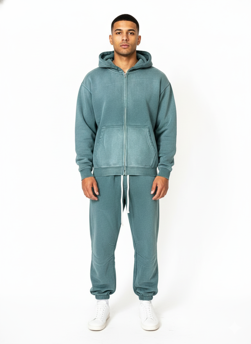 Premium Zipper Hoodie & Pants Set – Acid Wash, Crunchy  Bottoms