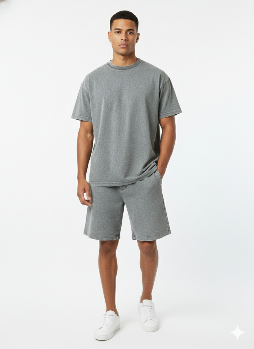 Acid Washed Cotton T-Shirt & Shorts Set